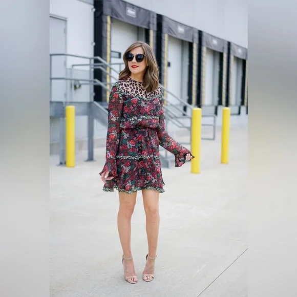 Anthropologie Scotch & Soda Leopard & Lillies Floral Long Sleeve Mini Dress Chic - Picture 2 of 16